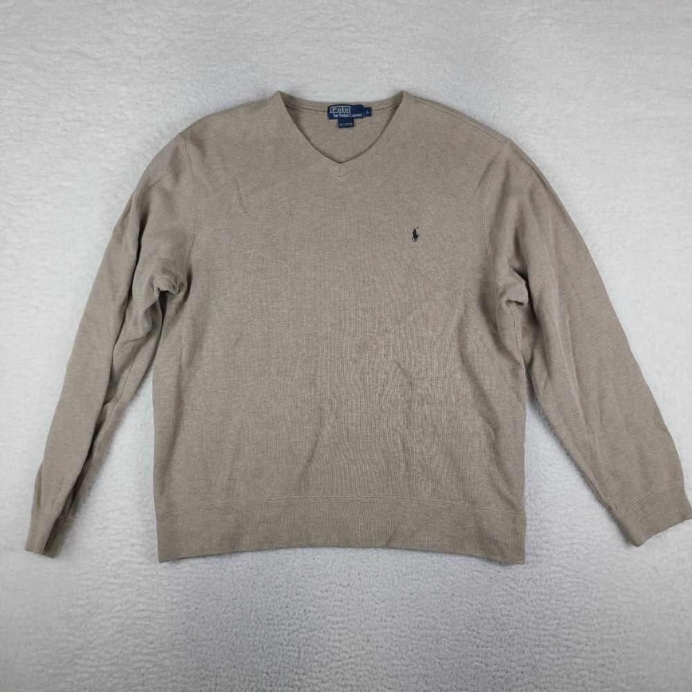 Polo Ralph Lauren‎ Sweater Mens Large Tan Brown V Neck Sweatshirt 100% Cotton